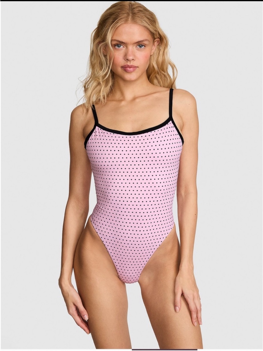 Frankie's Bikinis Pink Polka Dot One-Piece Swimsuit with Black Trim